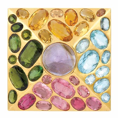 Lot 506 - Gold, Cabochon Amethyst and Gem-Set  Brooch, Chanel, France