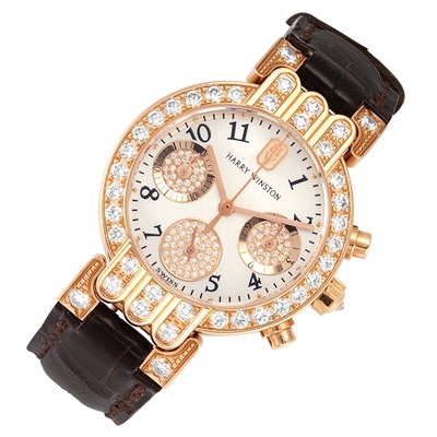 Lot 323 - Lady's Rose Gold, Mother-of-Pearl and Diamond 'Premier' Chronograph Wristwatch, Harry Winston