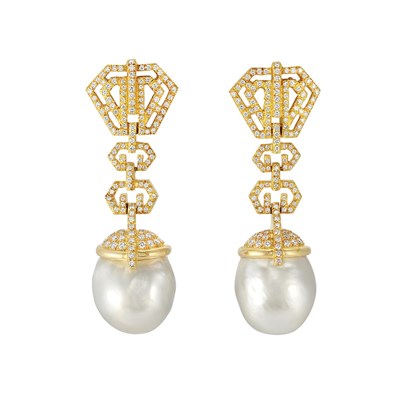 Lot 349 - Pair of Gold, Diamond and Baroque Cultured Pearl Pendant-Earrings, Henry Dunay