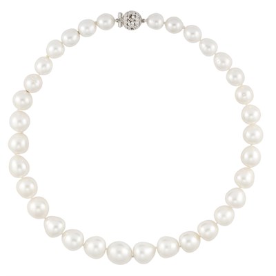 Lot 302 - Semi-Baroque Cultured Pearl Necklace with White Gold and Diamond Ball Clasp