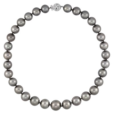 Lot 319 - Tahitian Gray Cultured Pearl Necklace with White Gold and Diamond Ball Clasp