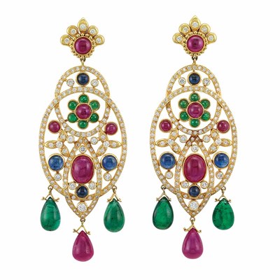Lot 348 - Pair of Gold, Diamond and Gem-Set Pendant-Earrings