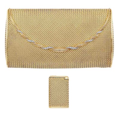 Lot 402 - Gold and Diamond Evening Purse and Cigarette Lighter with Black Fabric Carrying Case