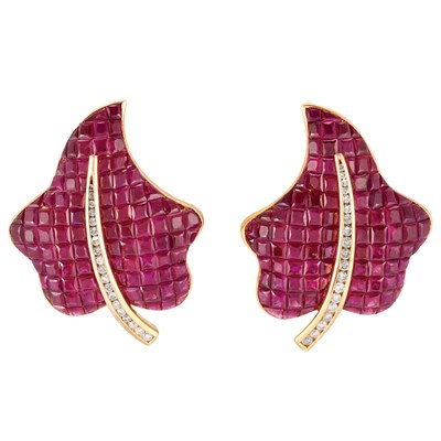 Lot 297 - Pair of Gold, Invisibly-Set Ruby and Diamond Leaf Earclips