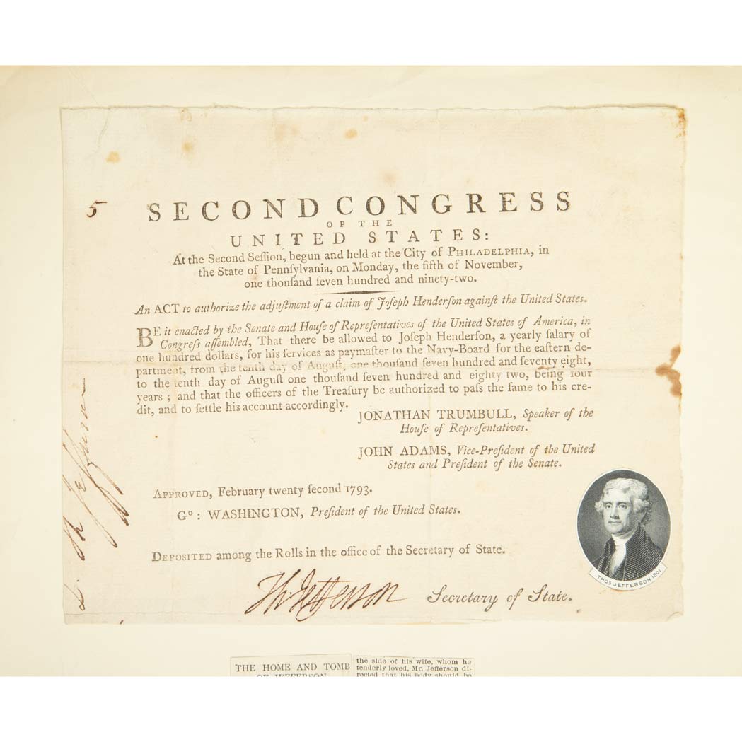 Lot 25 - JEFFERSON, THOMAS Document Signed as Secretary...
