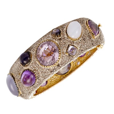 Lot 451 - Silver, Gold, Gem-Set and Diamond Cuff Bangle Bracelet