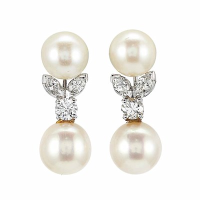 Lot 504 - Pair of White Gold, Cultured Pearl and Diamond Pendant-Earrings