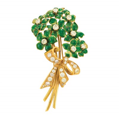 Lot 323 - Gold, Green Enamel and Diamond Bouquet Clip-Brooch