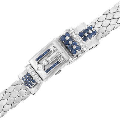 Lot 699 - Retro White Gold, Diamond and Sapphire Bracelet-Wristwatch