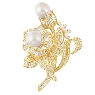 Lot 88 - Gold, South Sea Cultured Pearl and Diamond Flower Clip-Brooch