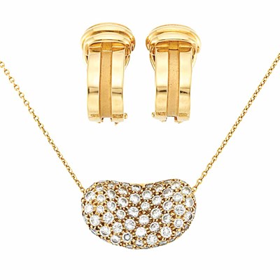 Lot 770 - Gold and Diamond 'Bean' Pendant with Chain and Pair of Gold Earclips, Tiffany & Co., Elsa Peretti