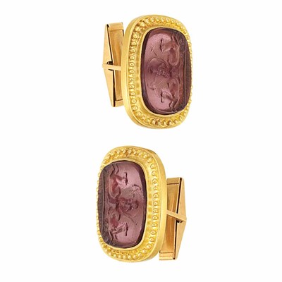 Lot 376 - Pair of Gold and Carved Pink Glass Cufflinks