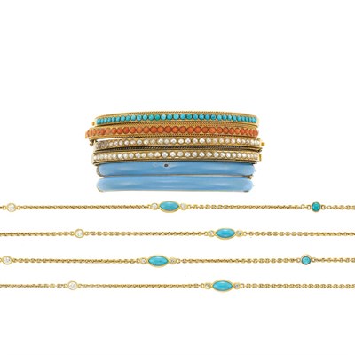 Lot 234 - Six Antique Gold, Enamel, Split Pearl, Coral and Turquoise Bangle Bracelets and Gold, Turquoise and Diamond Chain Necklace