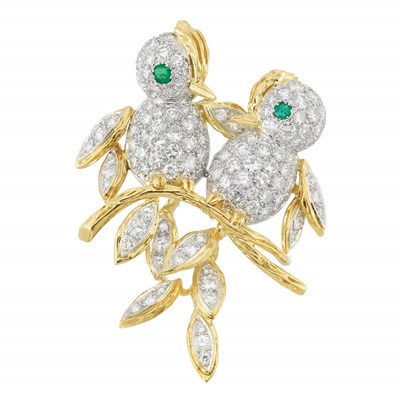 Lot 379 - Two-Color Gold, Diamond and Emerald Love Bird Clip-Brooch