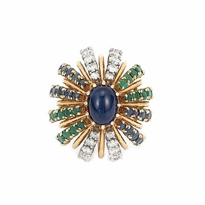 Lot 30 - Gold, Cabochon Sapphire, Diamond, Sapphire and Emerald Dome Ring