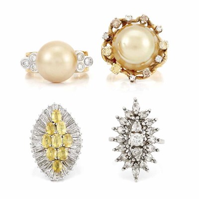 Lot 738 - Four White & Yellow Gold, Diamond and Golden Cultured Pearl Rings