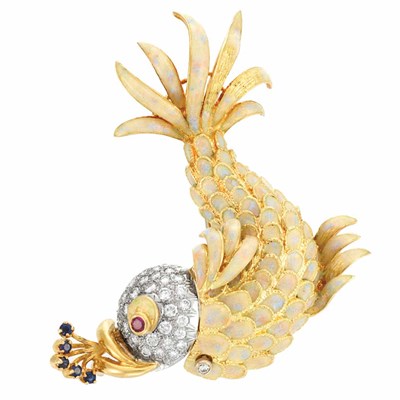 Lot 577 - Two-Color Gold, Enamel, Diamond and Gem-Set Fish Clip-Brooch
