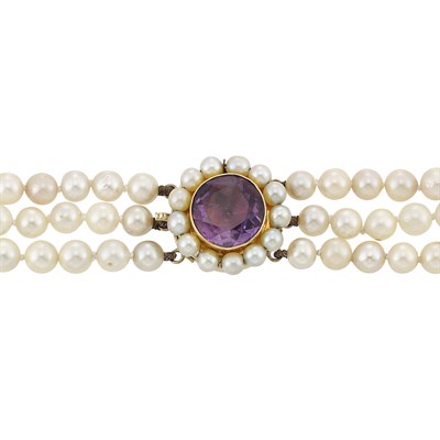 Lot 217 - Triple Strand Cultured Pearl Necklace with Amethyst and Cultured Pearl Clasp