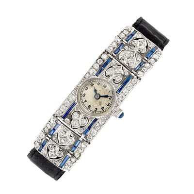 Lot 260 - Edwardian Platinum, Diamond and Synthetic Sapphire Watch with Ribbon Strap