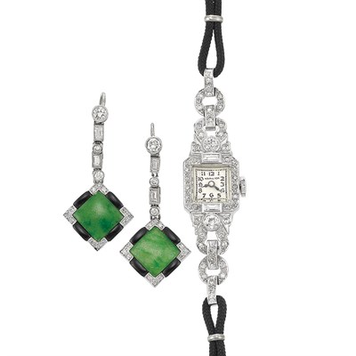 Lot 410 - Pair of Jade, Black Onyx and Diamond Earrings and Lady's Diamond Wristwatch