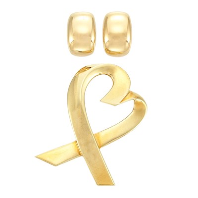 Lot 731 - Pair of Gold Hoop Earclips, Cartier, France, and Gold Heart Brooch, Tiffany & Co., Paloma Picasso