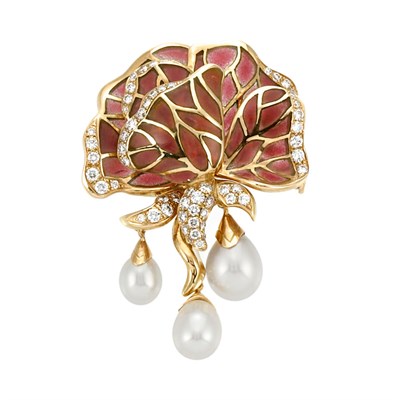Lot 579 - Gold, Plique-a-Jour Enamel, Diamond and Cultured Pearl Brooch, Tiffany & Co., France