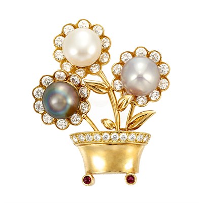 Lot 419 - Gold, Multicolored Cultured and Freshwater Button Pearl, Diamond and Cabochon Ruby Brooch, Tiffany & Co.