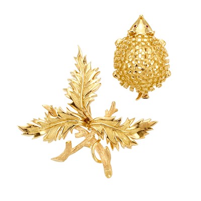 Lot 562 - Gold and Ruby Hedgehog Brooch and Gold Leaf Brooch, Tiffany & Co., Schlumberger