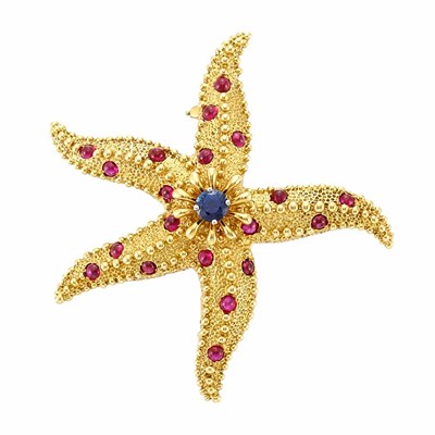 Lot 308 - Gold, Sapphire and Cabochon Ruby Starfish Clip-Brooch, Tiffany & Co., Schlumberger