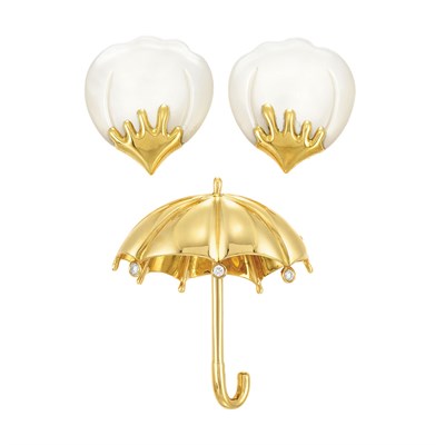 Lot 771 - Gold and Diamond Umbrella Brooch and Pair of Gold and Carved Mother-of-Pearl Lily Pad Earclips, Tiffany & Co.