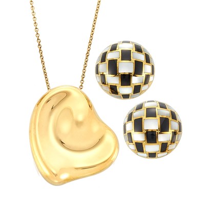 Lot 792 - Pair of Gold, Mother-of-Pearl and Black Onyx Earclips, Tiffany & Co., and  Gold Heart Pendant-Necklace, Tiffany & Co., Elsa Peretti