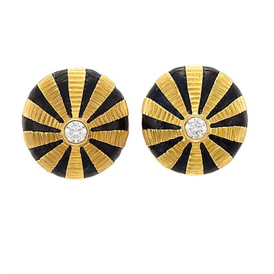 Lot 787 - Pair of Gold, Diamond and Black Enamel Earclips, Tiffany & Co., Schlumberger