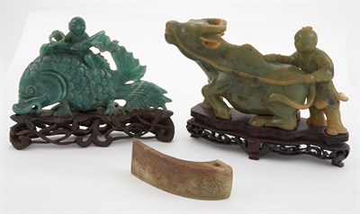 Lot 365 - Chinese Green Jade Figure of a Boy on a Fish;...