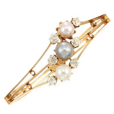 Lot 671 - Antique Gold, Multicolored Natural Button Pearl and Diamond Bangle Bracelet