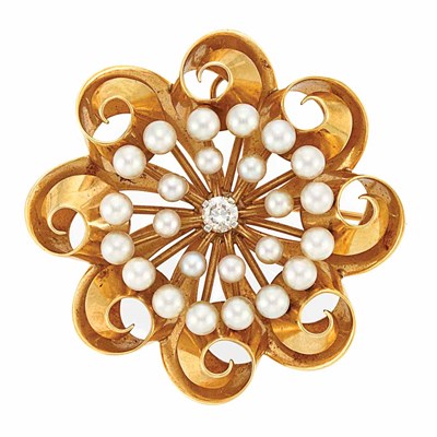 Lot 275 - Retro Gold, Cultured Pearl and Diamond Pendant-Brooch, Tiffany & Co.