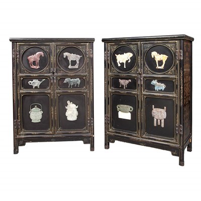 Lot 372 - Pair of Chinese Hardstone Inlaid Black...