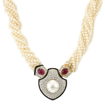 Lot 546 - Multistrand Cultured Pearl Torsade Necklace with Gold, Cultured Pearl, Diamond, Cabochon Ruby and Black Enamel Clasp, Gucci
