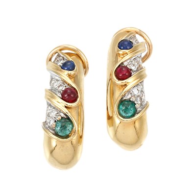 Lot 545 - Pair of Gold, Diamond and Cabochon Sapphire, Ruby and Emerald Earclips