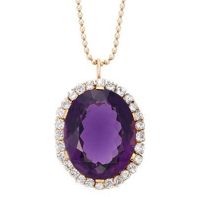 Lot 342 - Gold, Amethyst and Diamond Pendant-Brooch with Gold Bead Chain Necklace