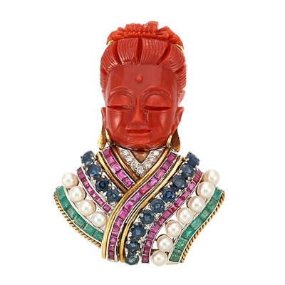 Lot 357 - Gold, Carved Oxblood Coral, Diamond, Gem-Set and Cultured Pearl Buddha