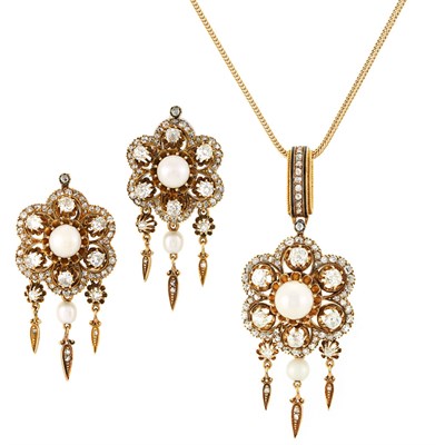 Lot 237 - Antique Gold, Freshwater Pearl and Diamond Pendant with Gold Chain and Pair of Fringe Earclips