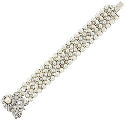 Lot 86 - Four Strand Cultured Pearl, White Gold and Diamond Bracelet-Watch