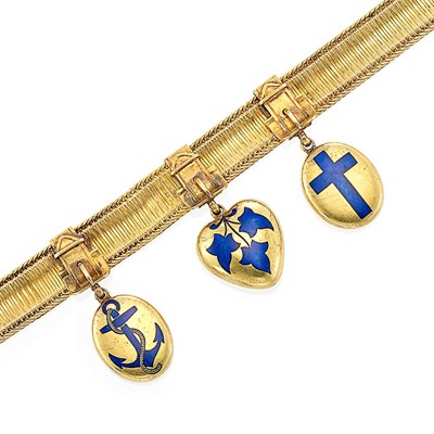 Lot 119 - Antique Gold and Blue Enamel 'Faith, Hope and Charity' Charm Bracelet