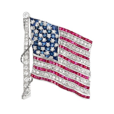 Lot 472 - Platinum, Diamond, Sapphire and Ruby U.S. Flag Brooch