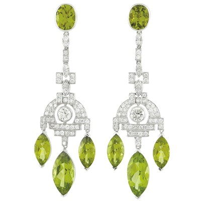 Lot 596 - Pair of White Gold, Diamond and Peridot Pendant-Earrings