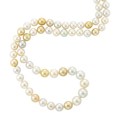 Lot 845 - Long South Sea Cultured Pearl and Golden Cultured Pearl Necklace with Gold and Diamond Clasp