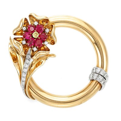 Lot 450 - Retro Gold, Platinum, Ruby, Fancy Colored Yellow Diamond and Diamond Circle Brooch