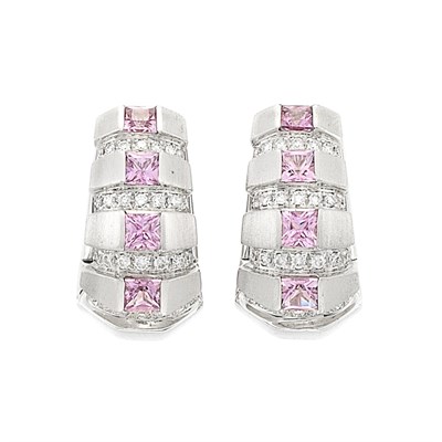 Lot 480 - Pair of White Gold, Pink Sapphire and Diamond Half-Hoop Earrings