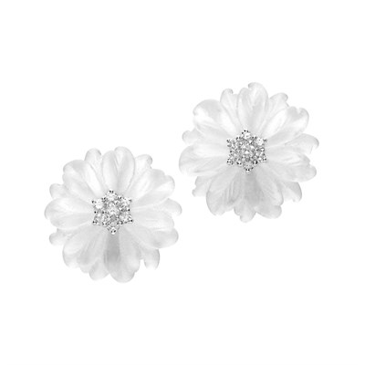 Lot 654 - Pair of Carved Rock Crystal and Diamond Flower Earclips