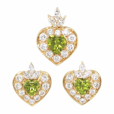 Lot 600 - Pair of Gold, Peridot and Diamond Heart Earrings and Pendant